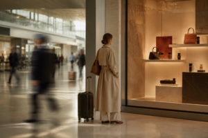 Luxury travel retail experience in a contemporary international airport, illustrating discovery, service and premium brand engagement.