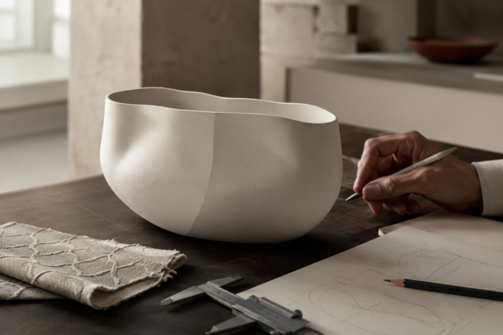 Contemporary French artisan workshop with an unfinished porcelain object and specialist tools, illustrating Made in France craftsmanship and transmission.