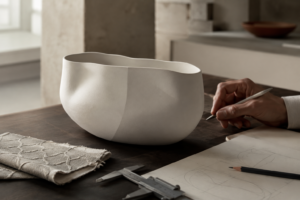 Contemporary French artisan workshop with an unfinished porcelain object and specialist tools, illustrating Made in France craftsmanship and transmission.