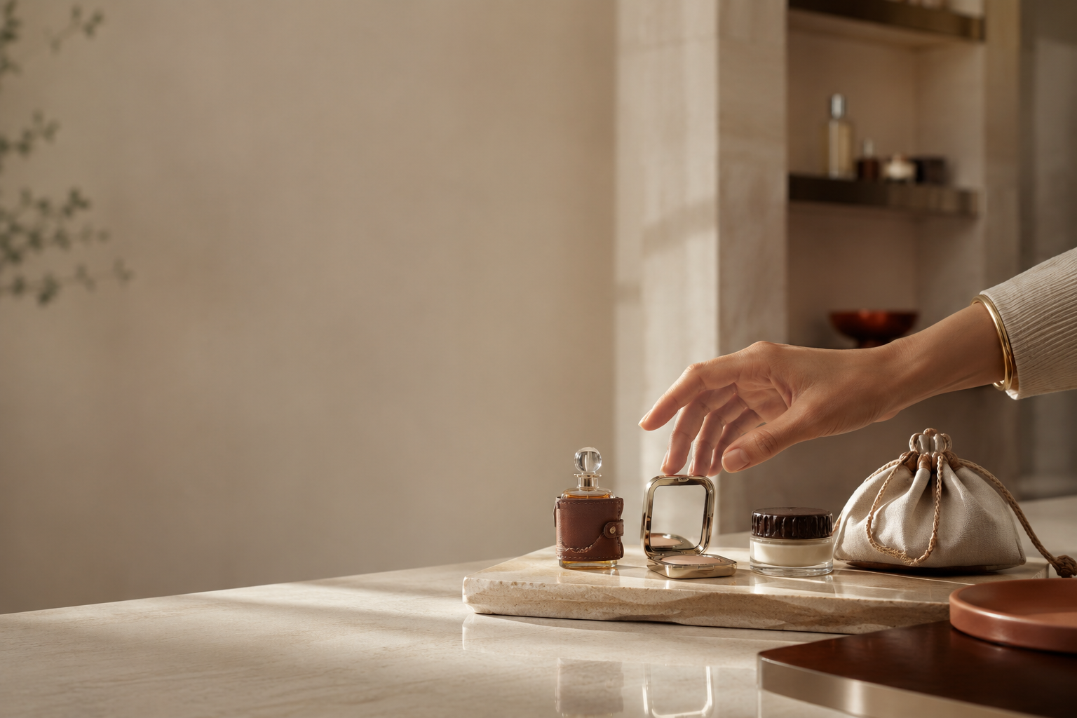 Curated luxury beauty miniatures displayed as desirable travel objects in an elevated beauty retail setting.