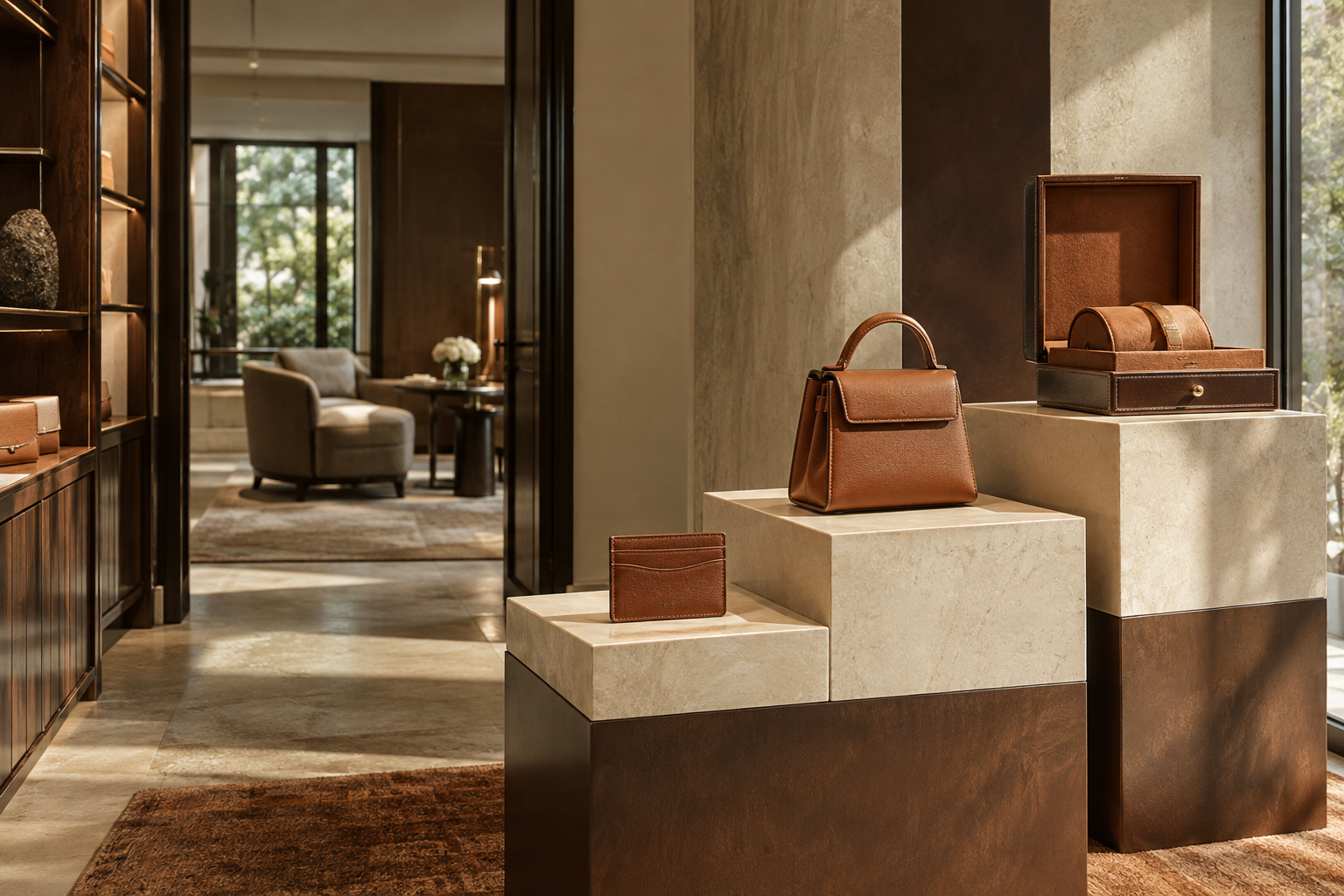 Luxury retail display showing a progression from accessible leather goods to exceptional pieces and a private-client salon, illustrating luxury price architecture and perceived value.