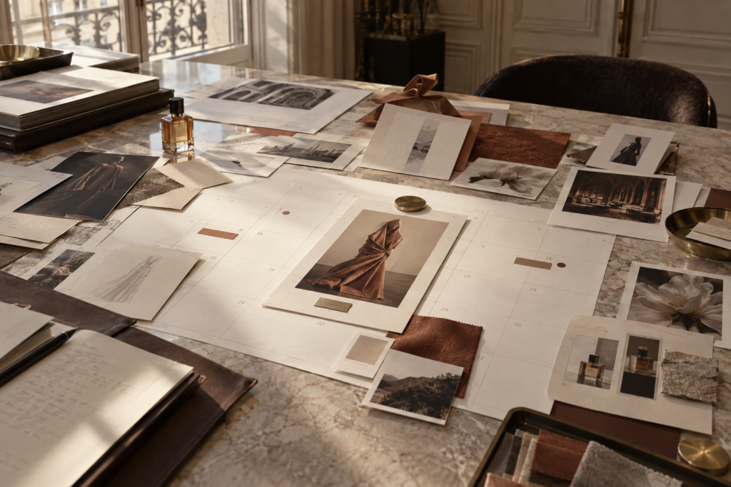 Editorial luxury still life illustrating brand hierarchy and strategic prioritisation for the September 2026 luxury rentrée.