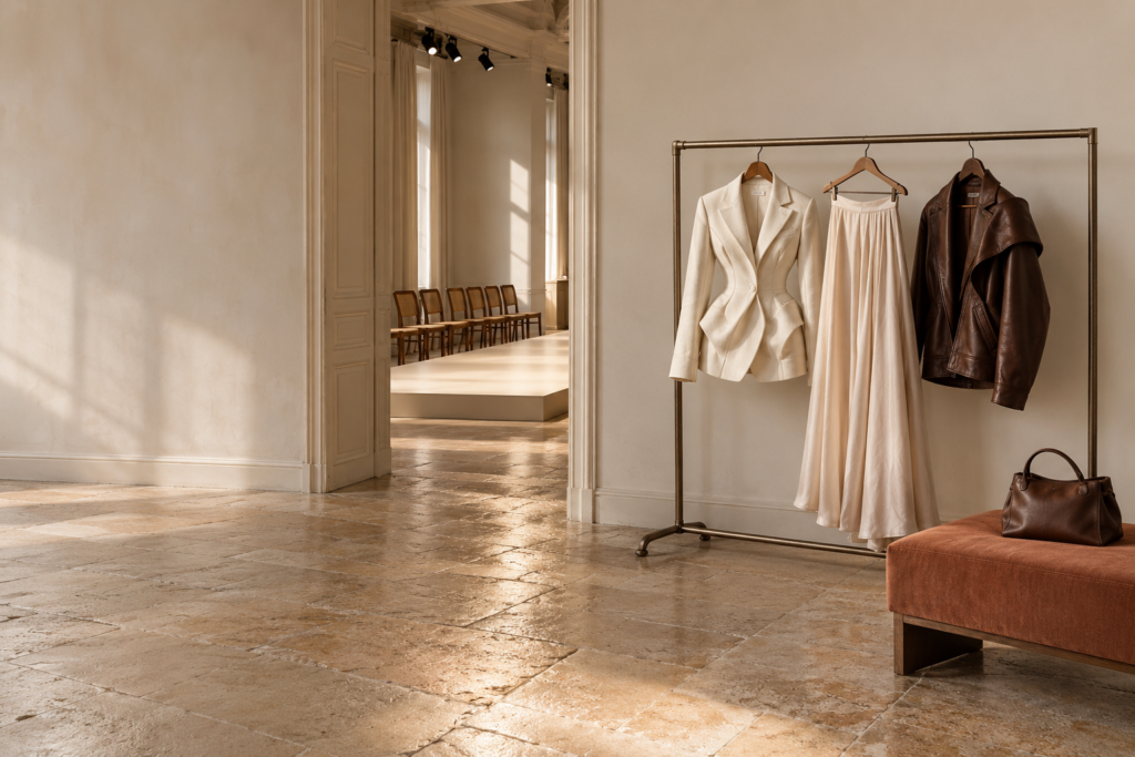 Sculptural fashion pieces and a leather bag prepared for inspection in a sunlit Paris showroom, with an empty runway visible beyond.